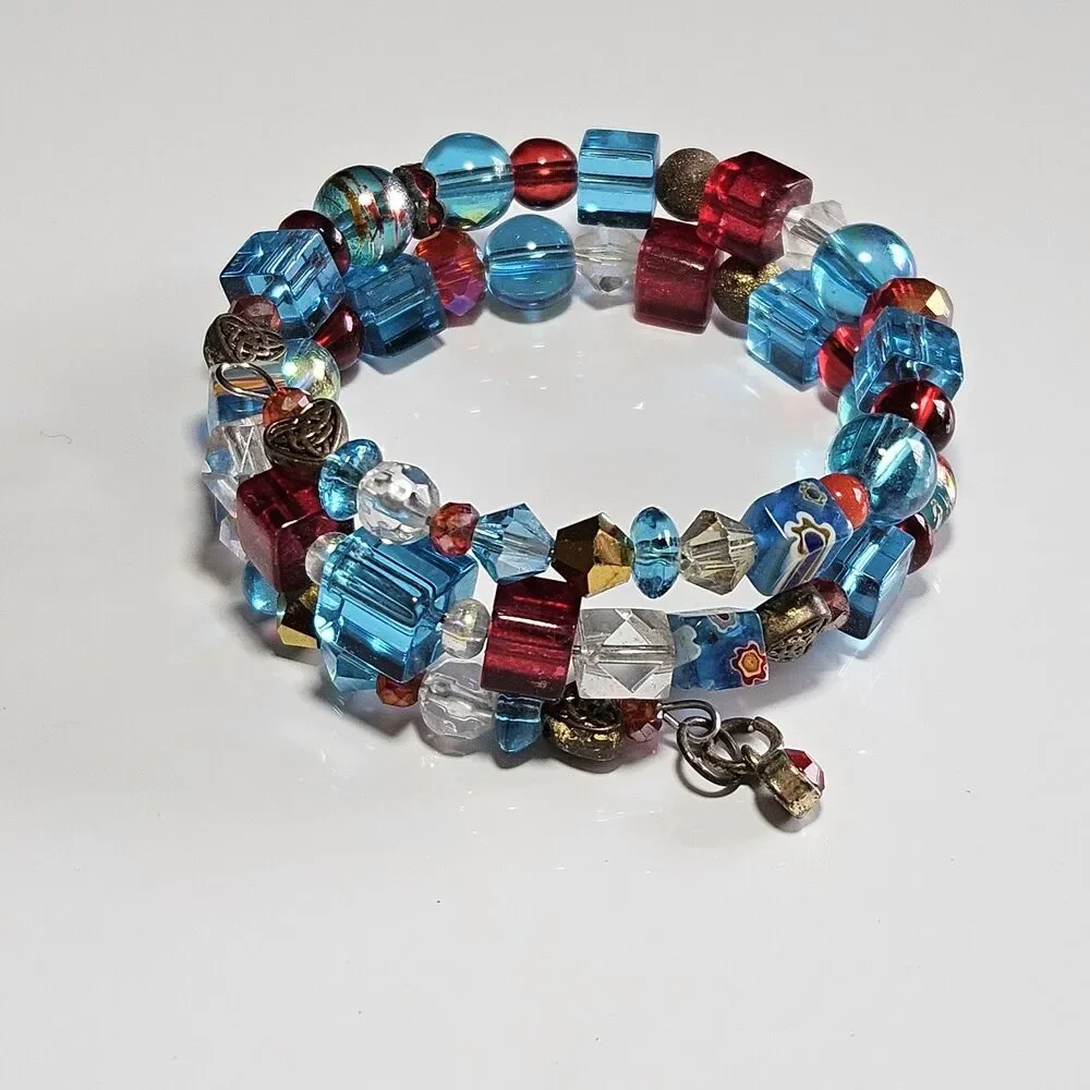 Blue Red Gold Tone Glass Beaded Wrap Bracelet